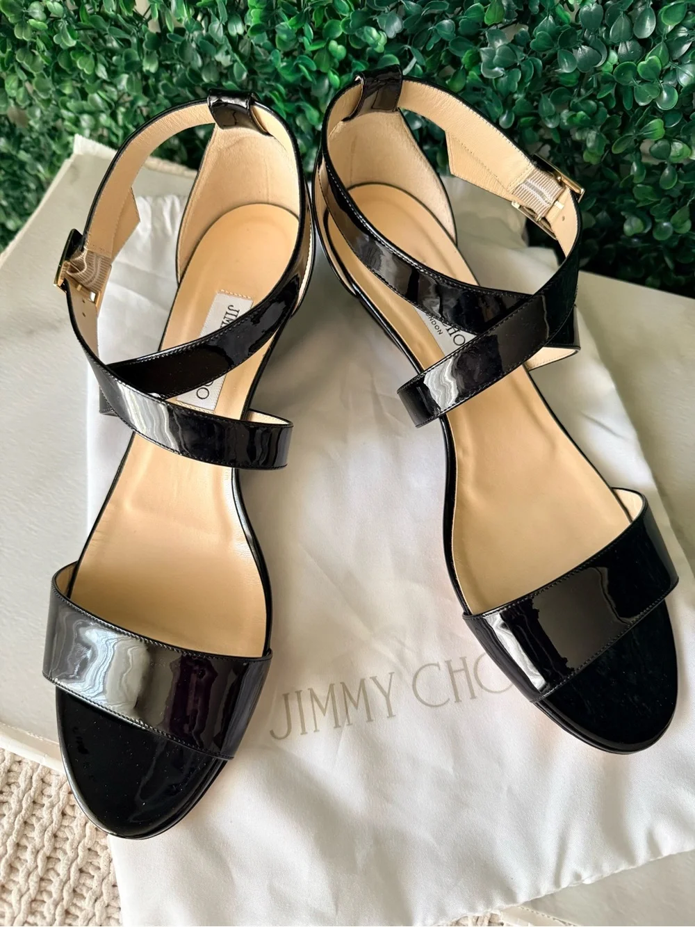 Jimmy Choo Black Patent Leather Ankle Strap Heels Sandals EU 43 US 12 Authentic